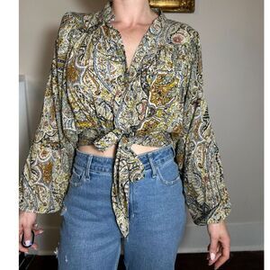 Nicole Miller New York Paisley Longsleeve Crop Top Size Small